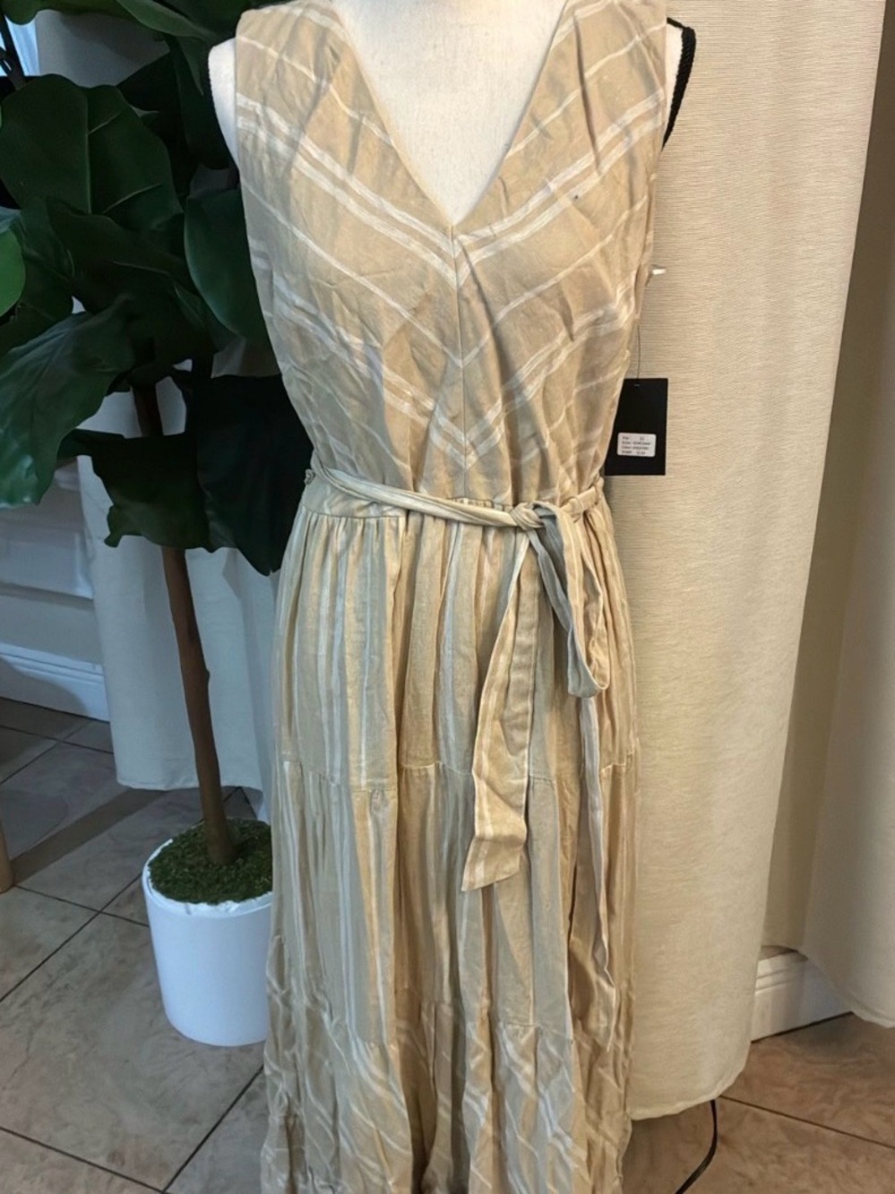 Sleeveless Beige Striped Wrap Maxi Dress with Waist Tie